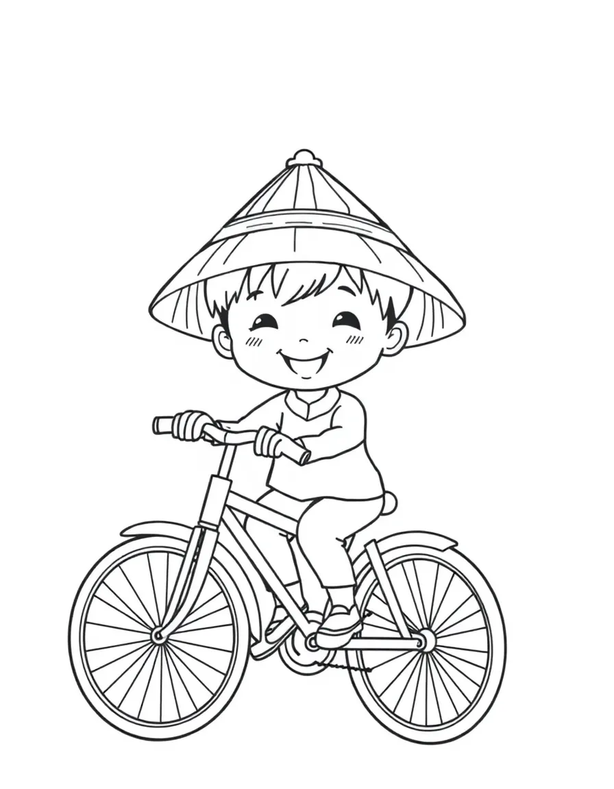A cheerful child with a bicycle and a traditional Vietnamese hat for Vietnam.