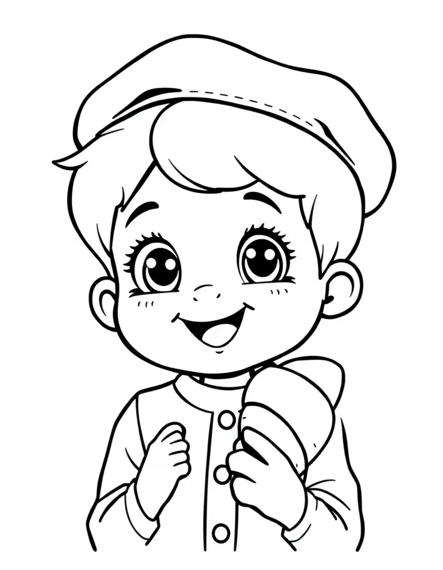 A cheerful child with a beret and a croissant for France.