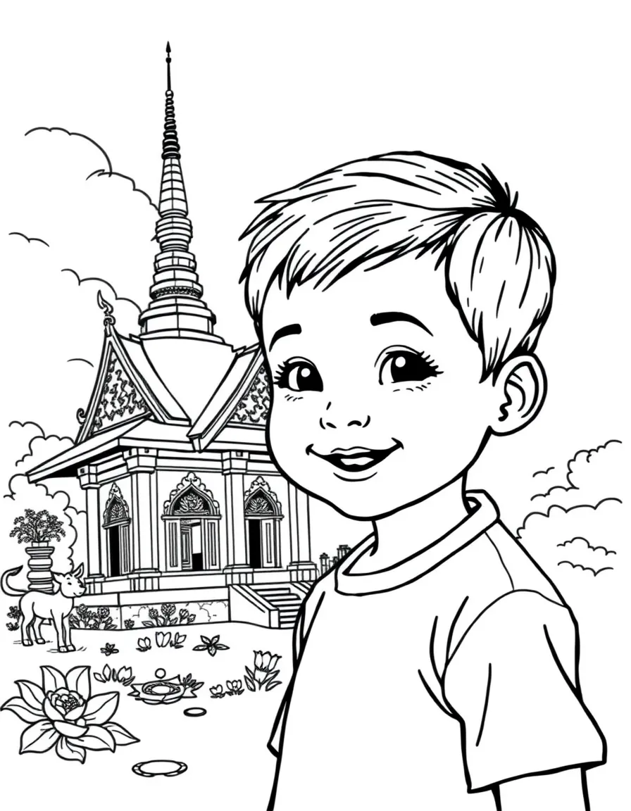A smiling child near a temple for Thailand.