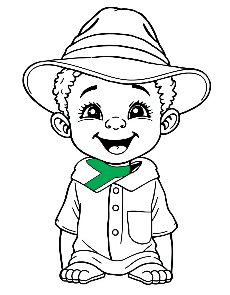 A happy child with a flag of South Africa and a safari hat.