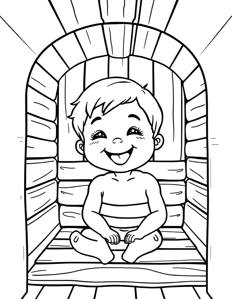 A cheerful child in a sauna for Finland.