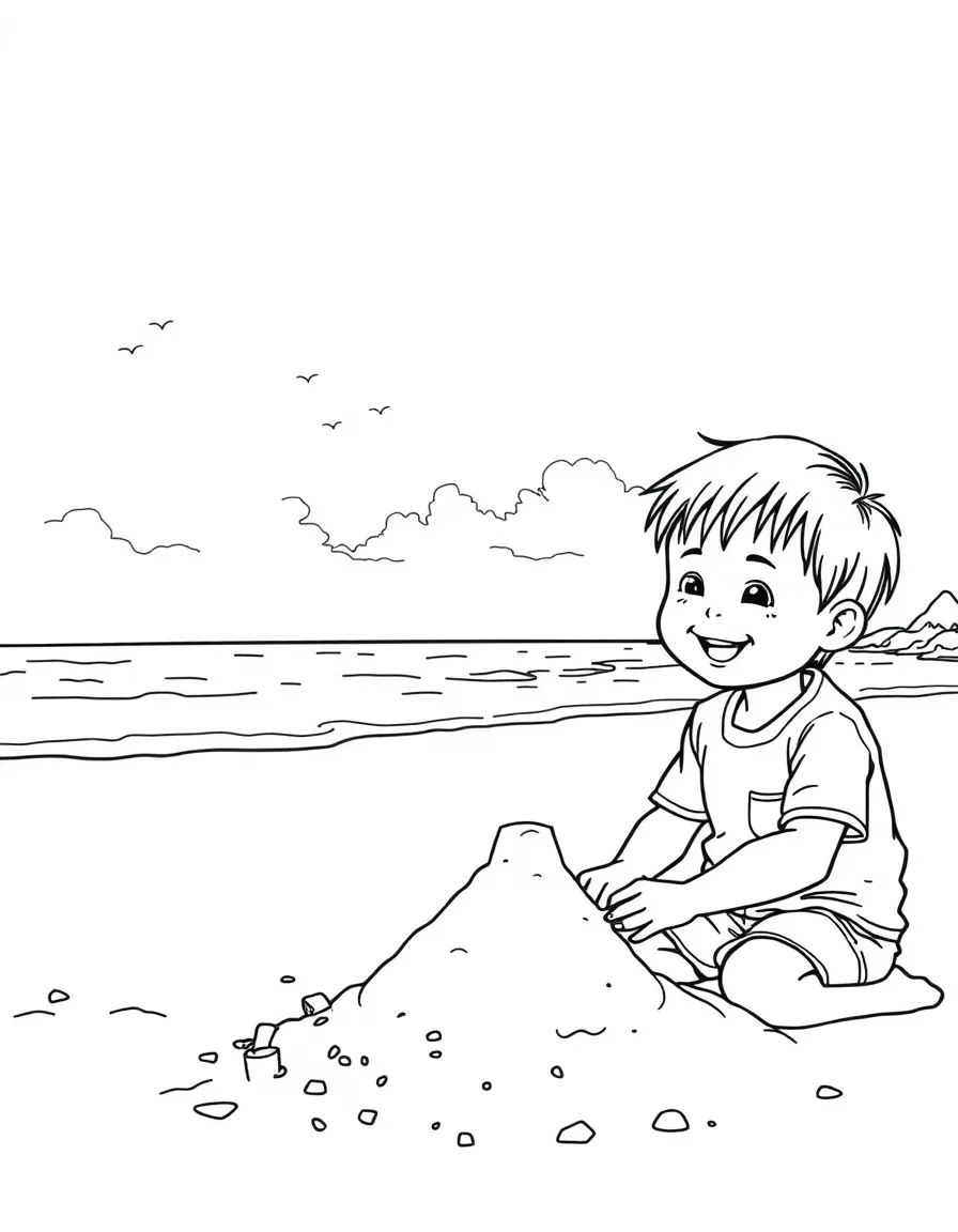A smiling child building a sandcastle on a beautiful beach in Japan.