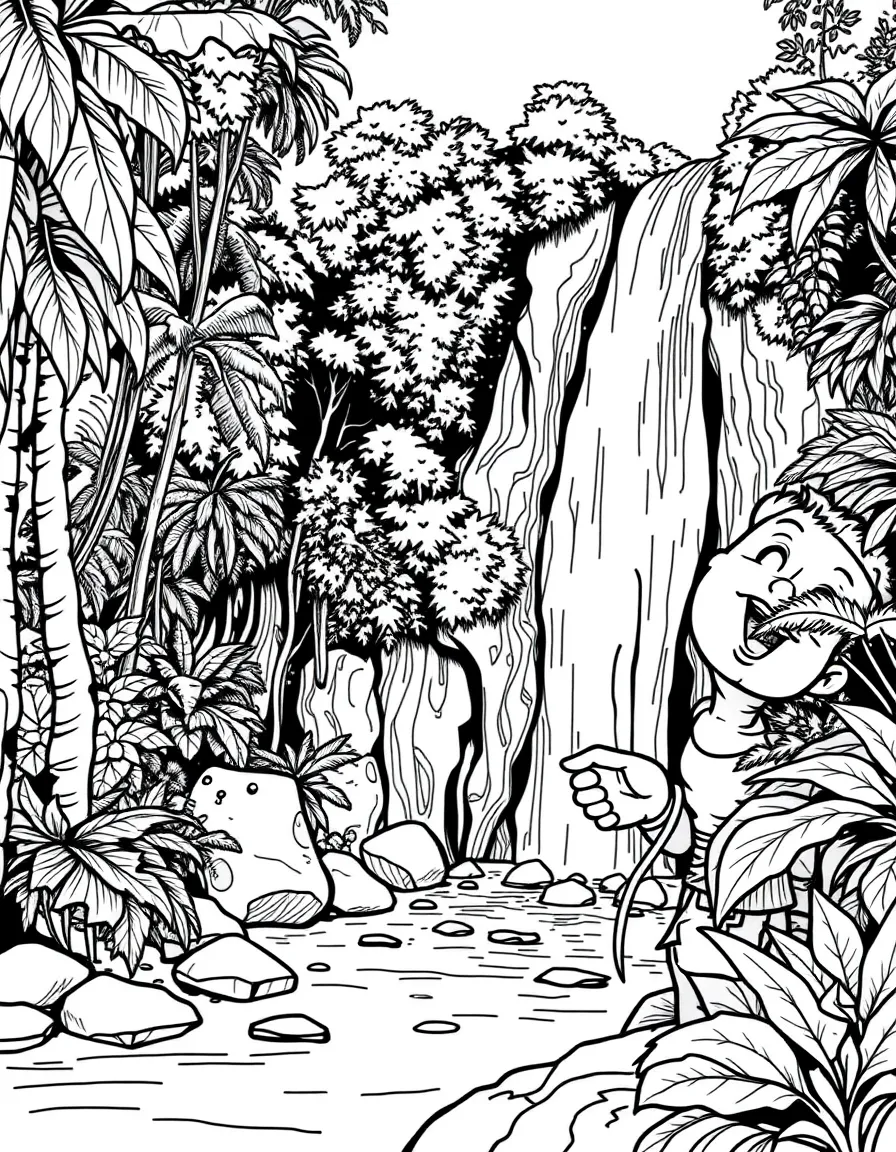 A happy child exploring a waterfall in a rainforest for Costa Rica.