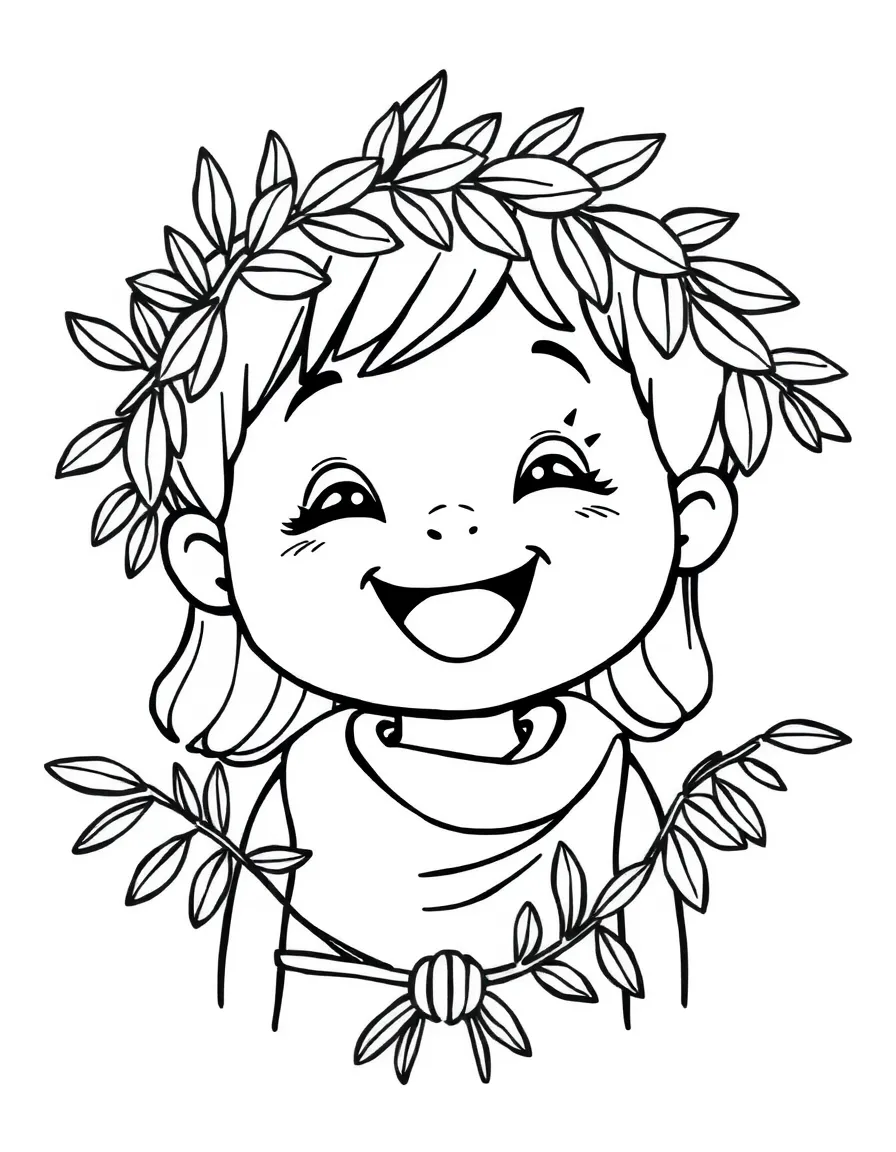 A cheerful child with a wreath of olive leaves for Greece.