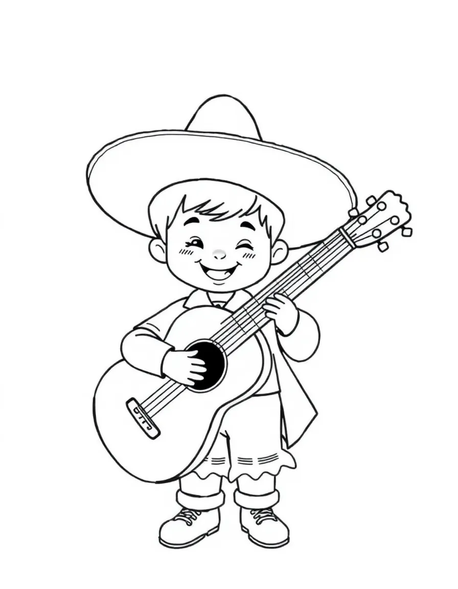 A smiling child playing mariachi music for Mexico.