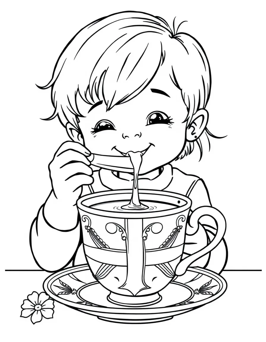 A happy child drinking tea in a traditional British teacup for United Kingdom.