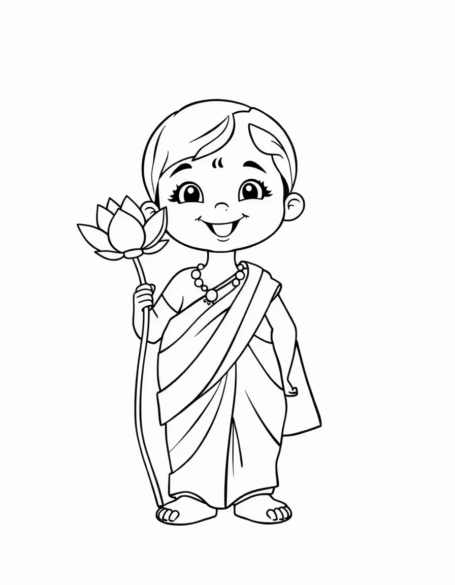 A cheerful child with a sari and a lotus flower for India.