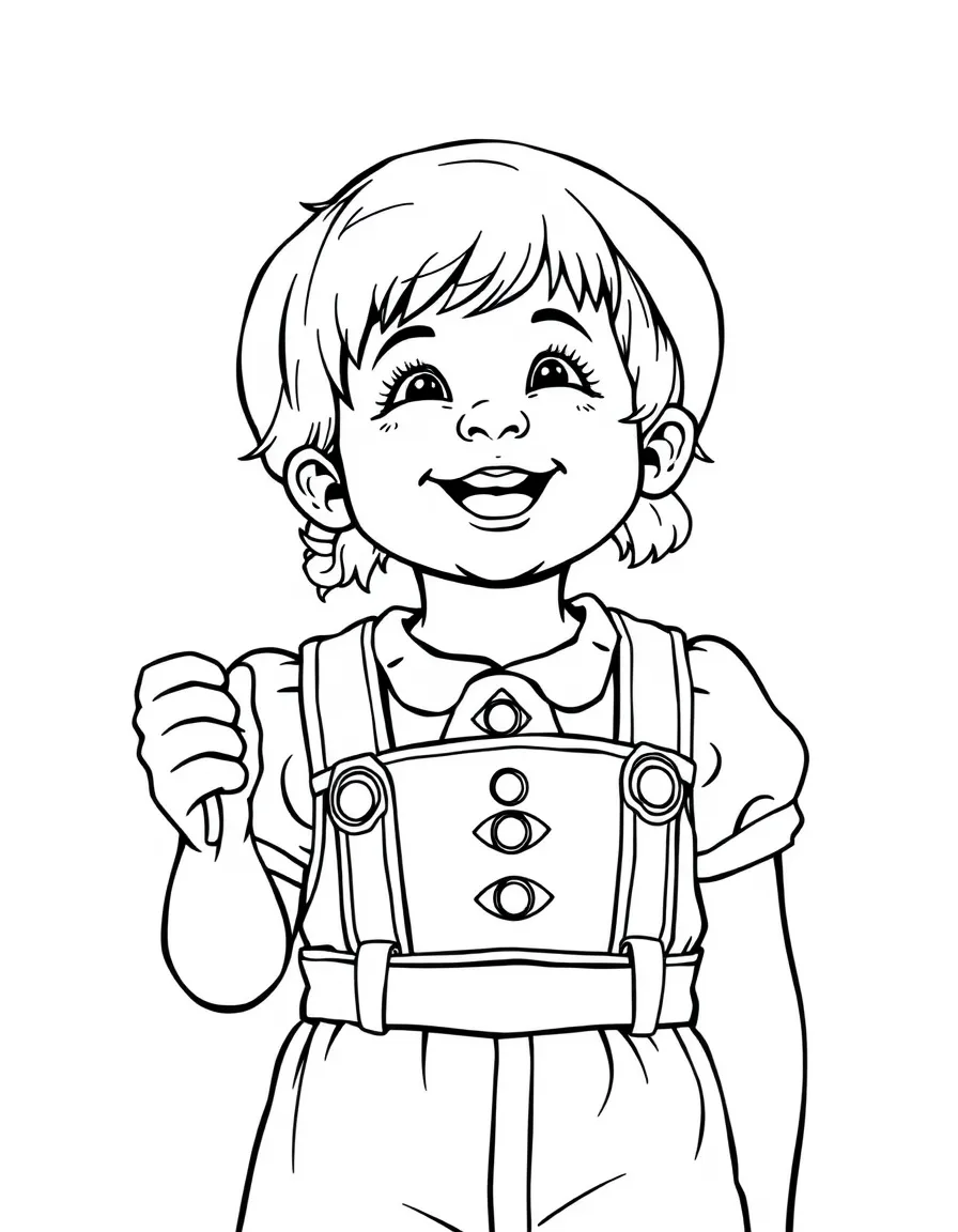 A smiling child wearing a lederhosen and yodeling for Germany.