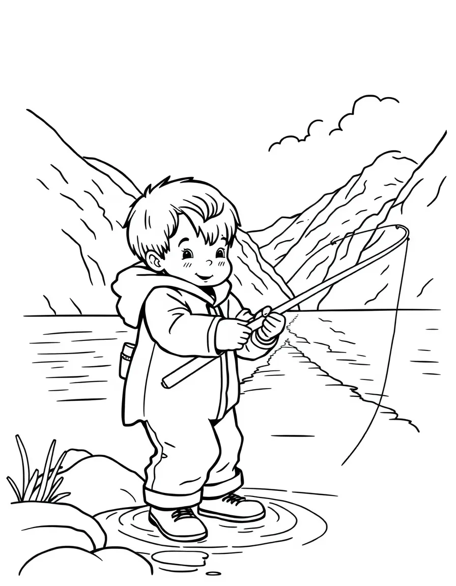 A happy child fishing in a fjord for Norway.