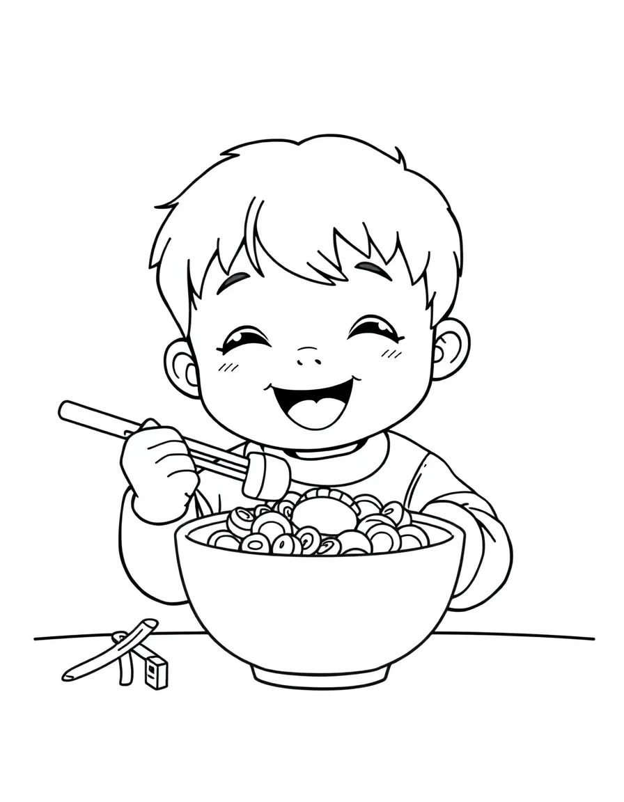 A cheerful child eating bibimbap for South Korea.