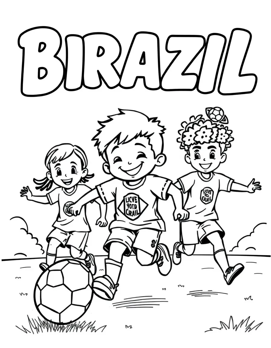 A smiling child playing soccer with friends for Brazil.
