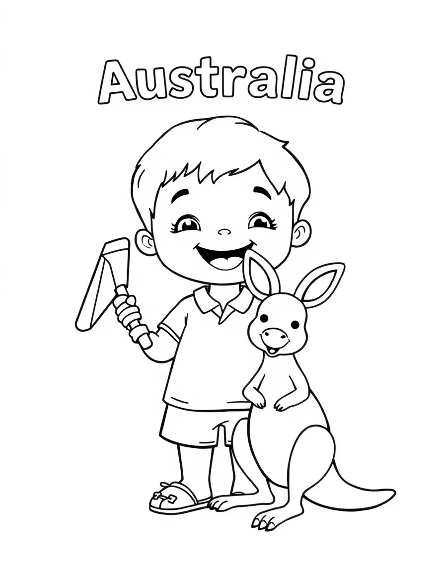 A happy child with a boomerang and a kangaroo for Australia.