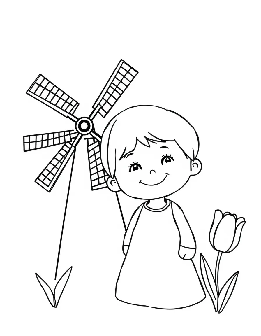A smiling child with a windmill and a tulip for Netherlands.