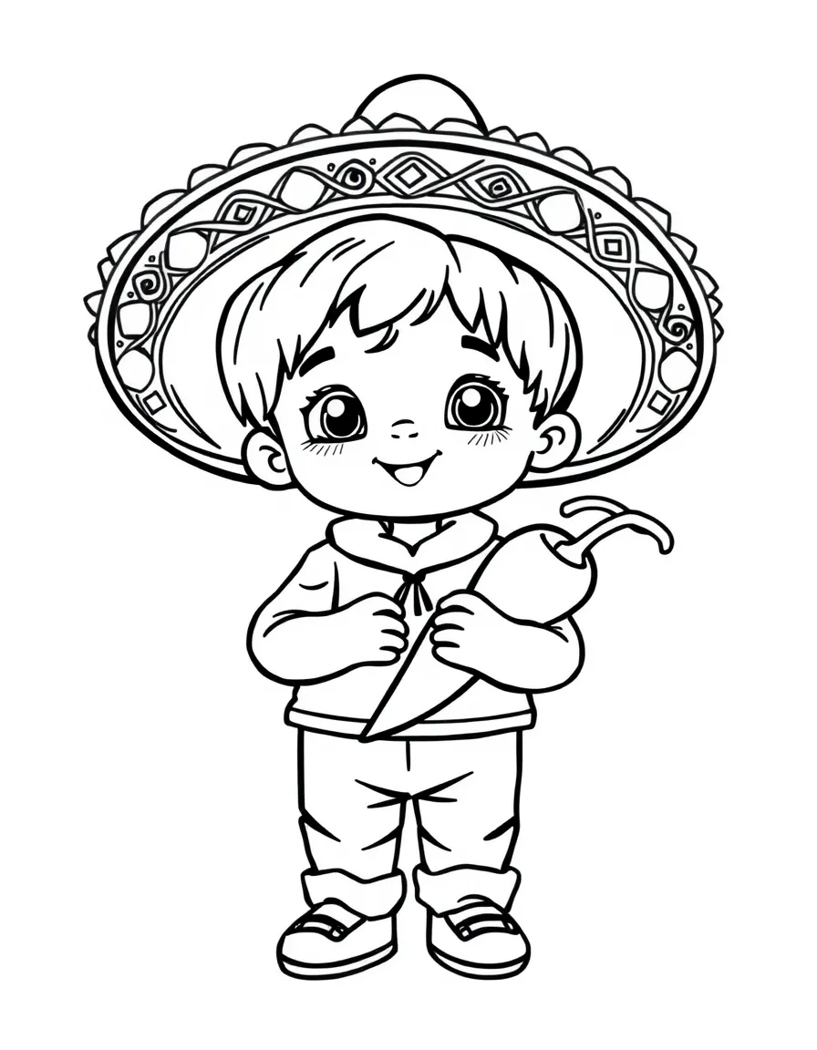 A child with a chili pepper and a sombrero for Mexico.