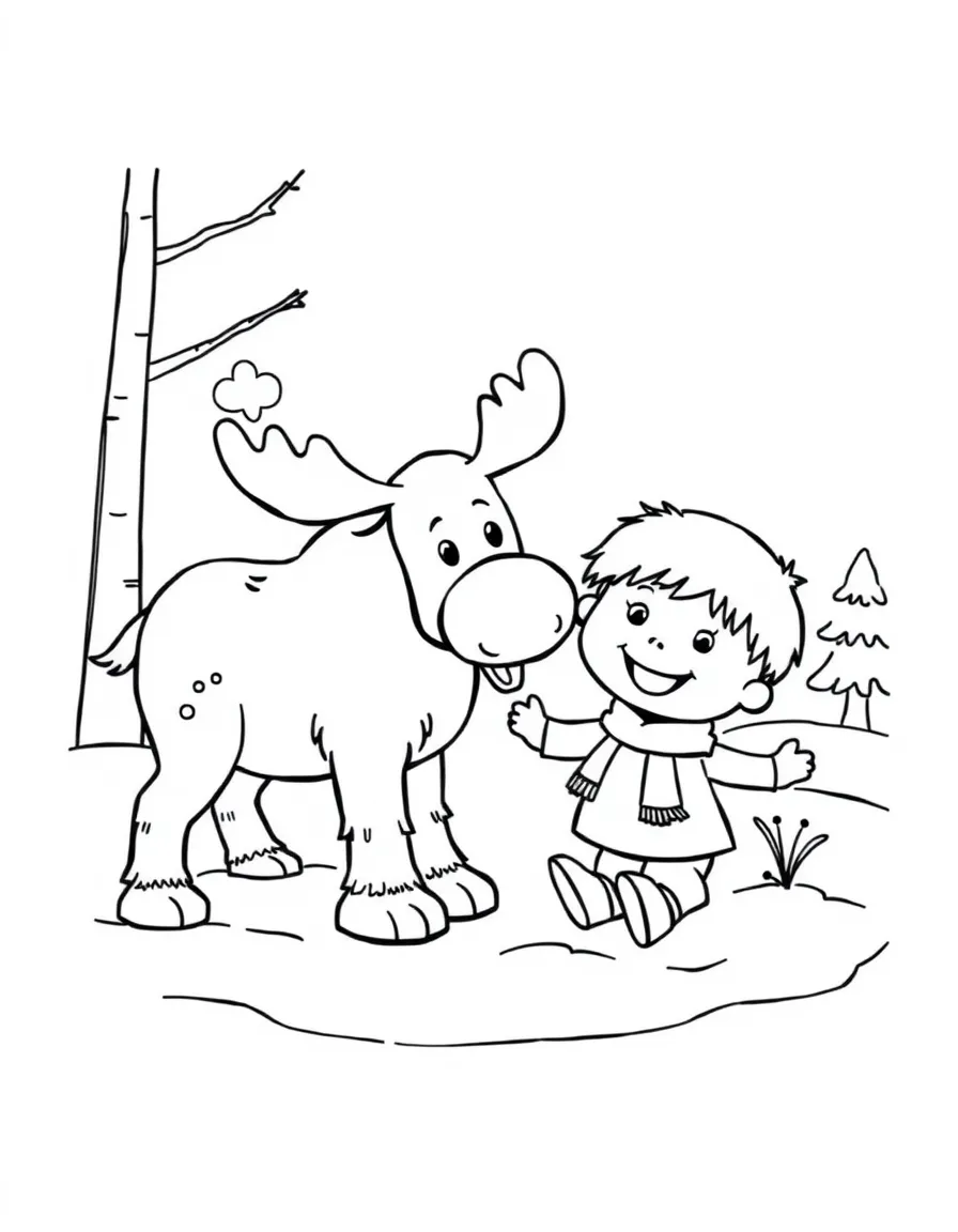 A cheerful child playing in the snow with a moose for Canada.