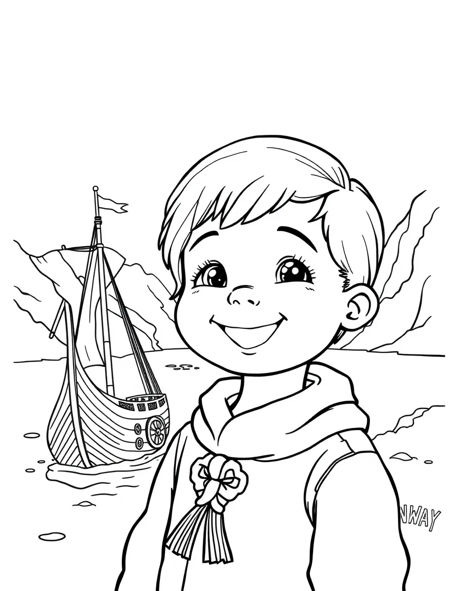 A smiling child with a Viking ship and a fjord in the background for Norway.