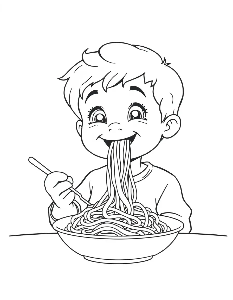A happy child eating spaghetti for Italy.