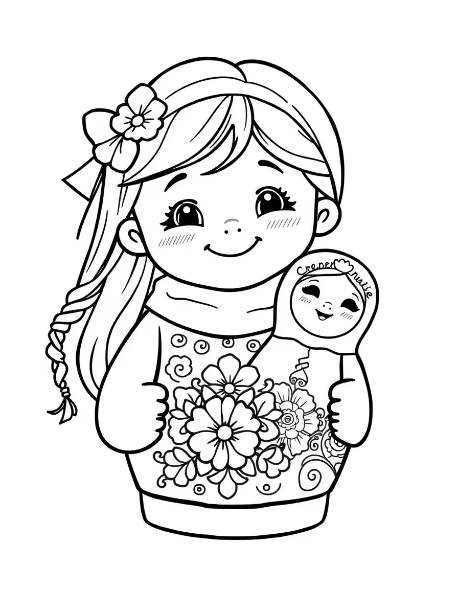 A cheerful child with a Russian nesting doll for Russia.