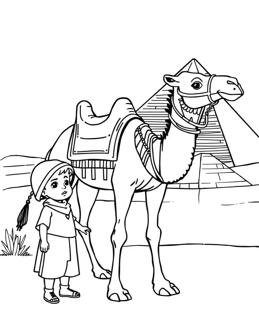 A child near a camel and a pyramid for Egypt.