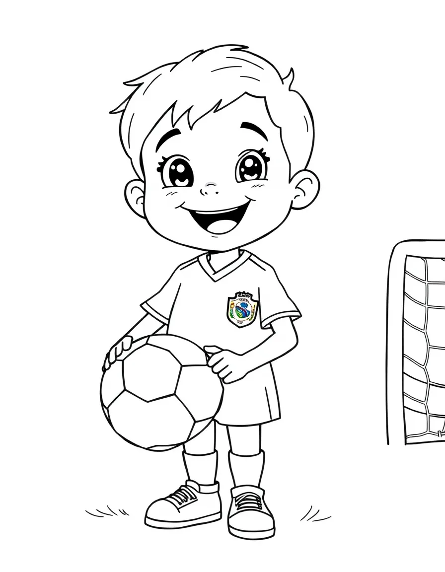 A smiling child with a football and a soccer goal for Brazil.