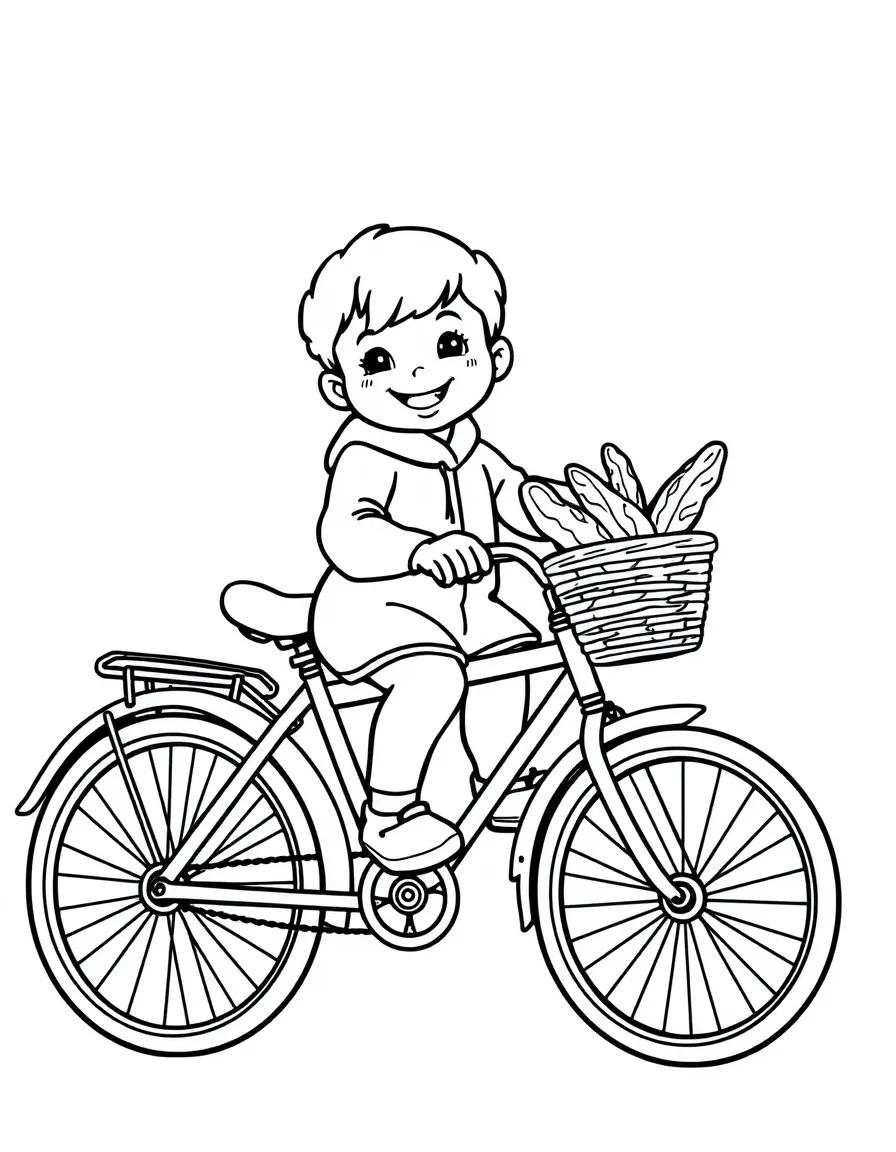 A smiling child riding a bicycle with a basket of bread for Netherlands.