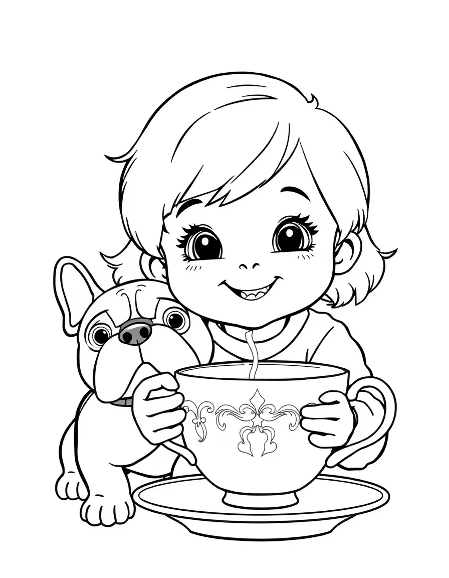 A smiling child with a teacup and a friendly bulldog for United Kingdom.