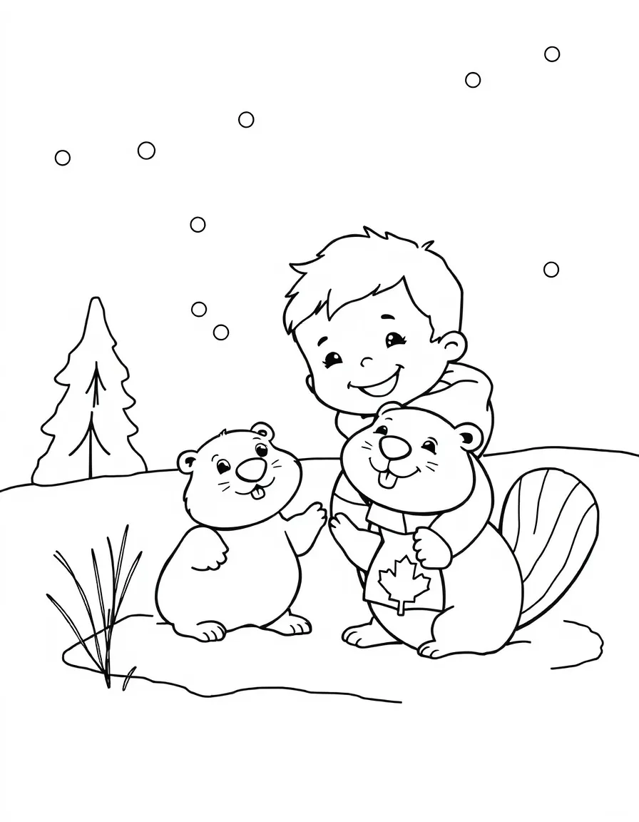 A cheerful child playing in the snow with a beaver for Canada.