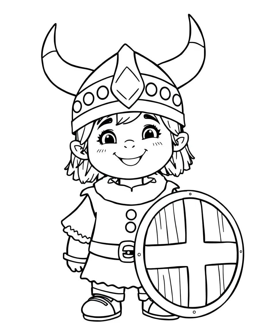 A smiling child with a Viking helmet and a shield for Norway.