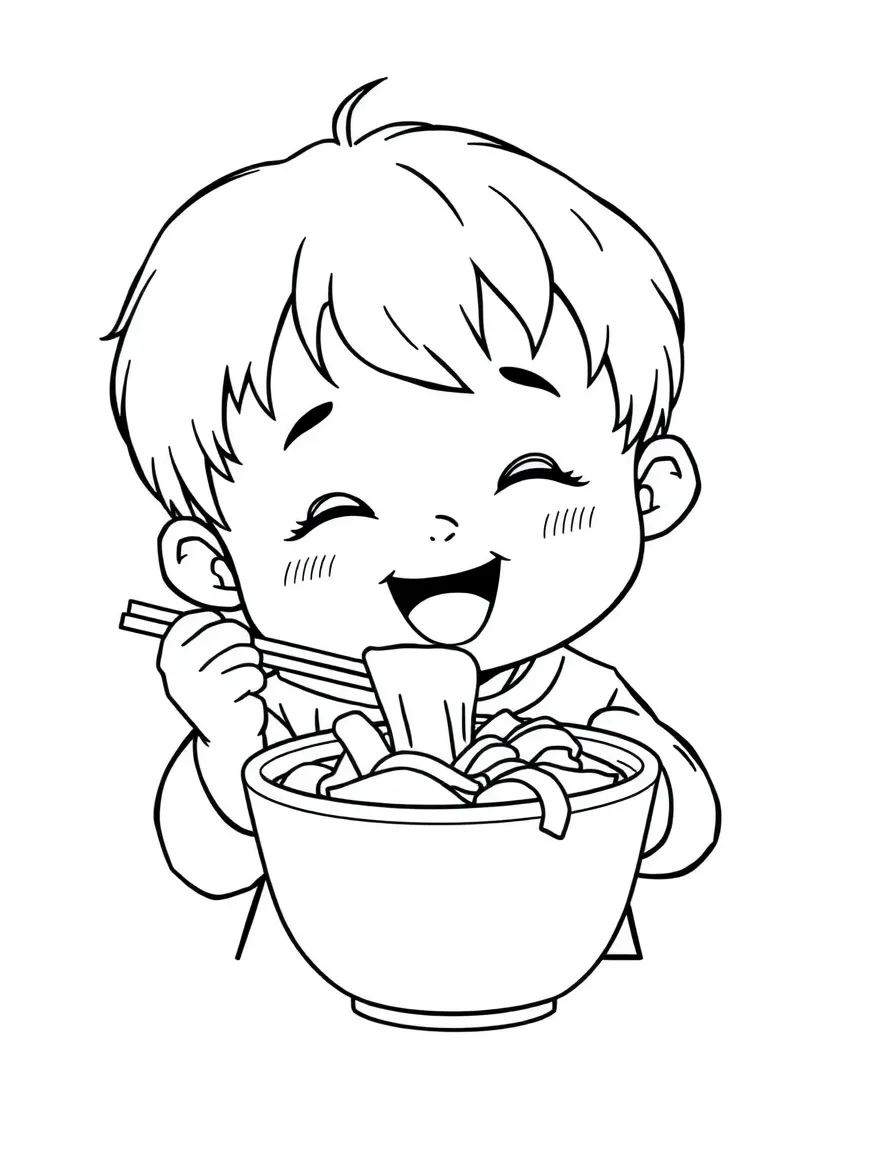A happy child eating kimchi for South Korea.