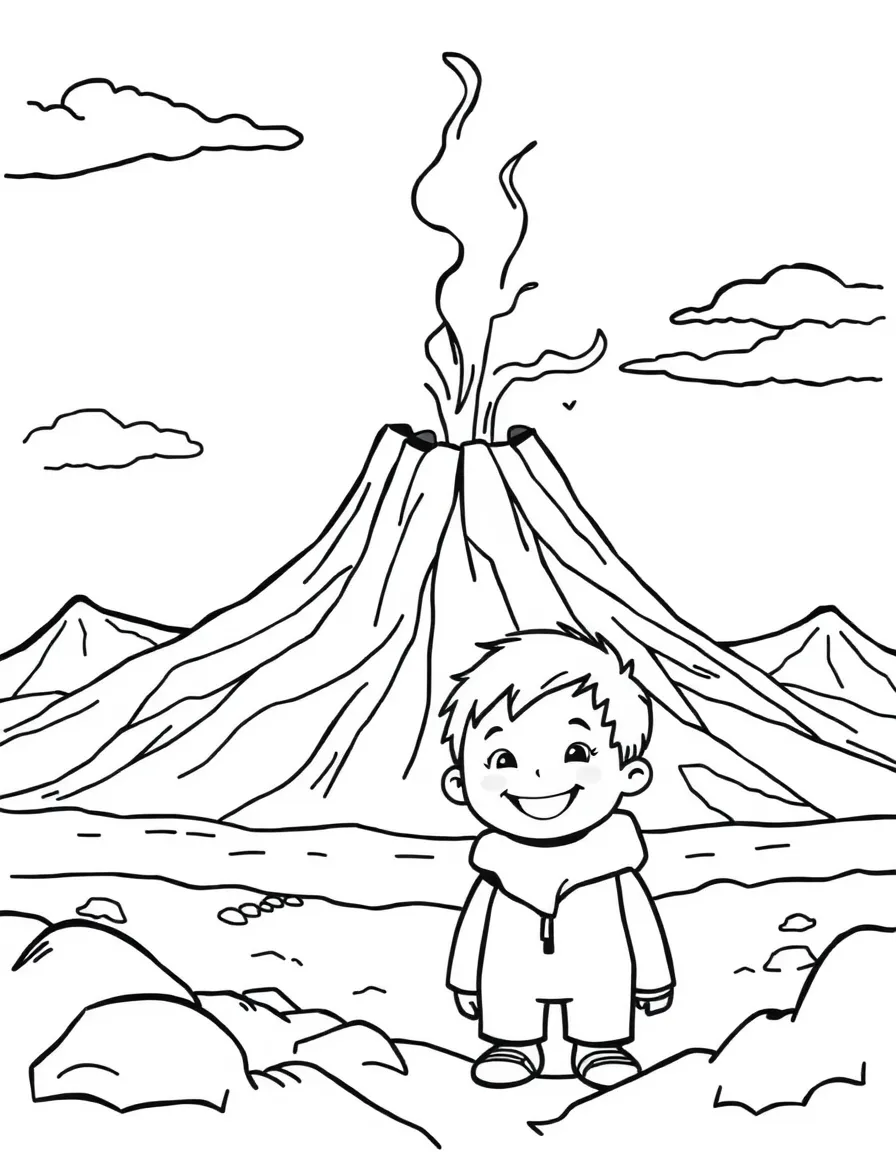 A smiling child near a volcano with steam coming out for Iceland.
