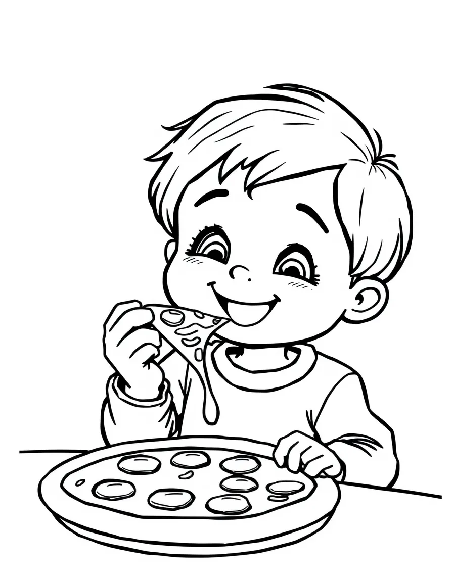 A happy child eating pizza for Italy.