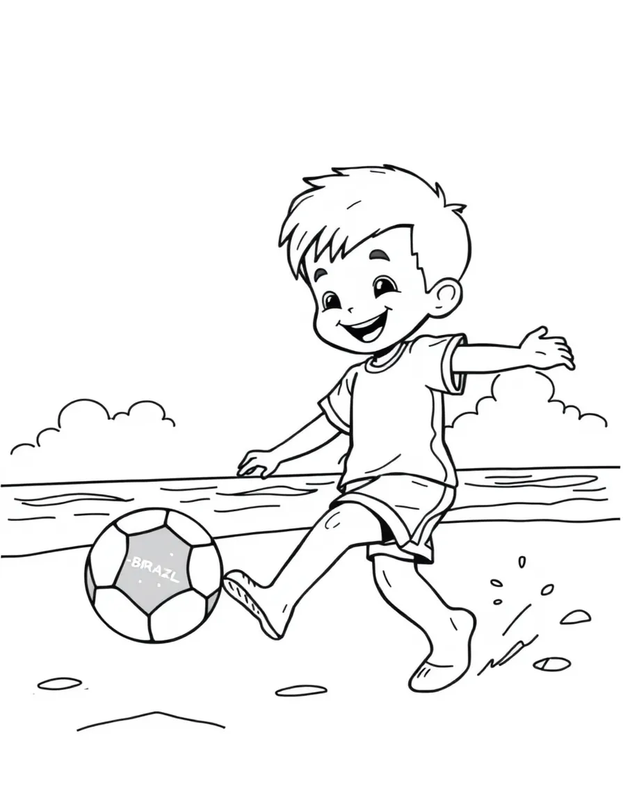 A smiling child playing soccer on the beach for Brazil.