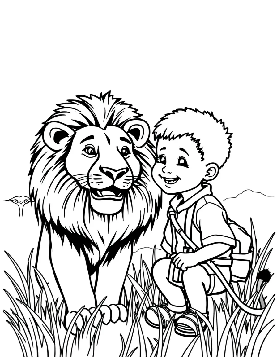 A cheerful child on a safari looking at a lion for Kenya.
