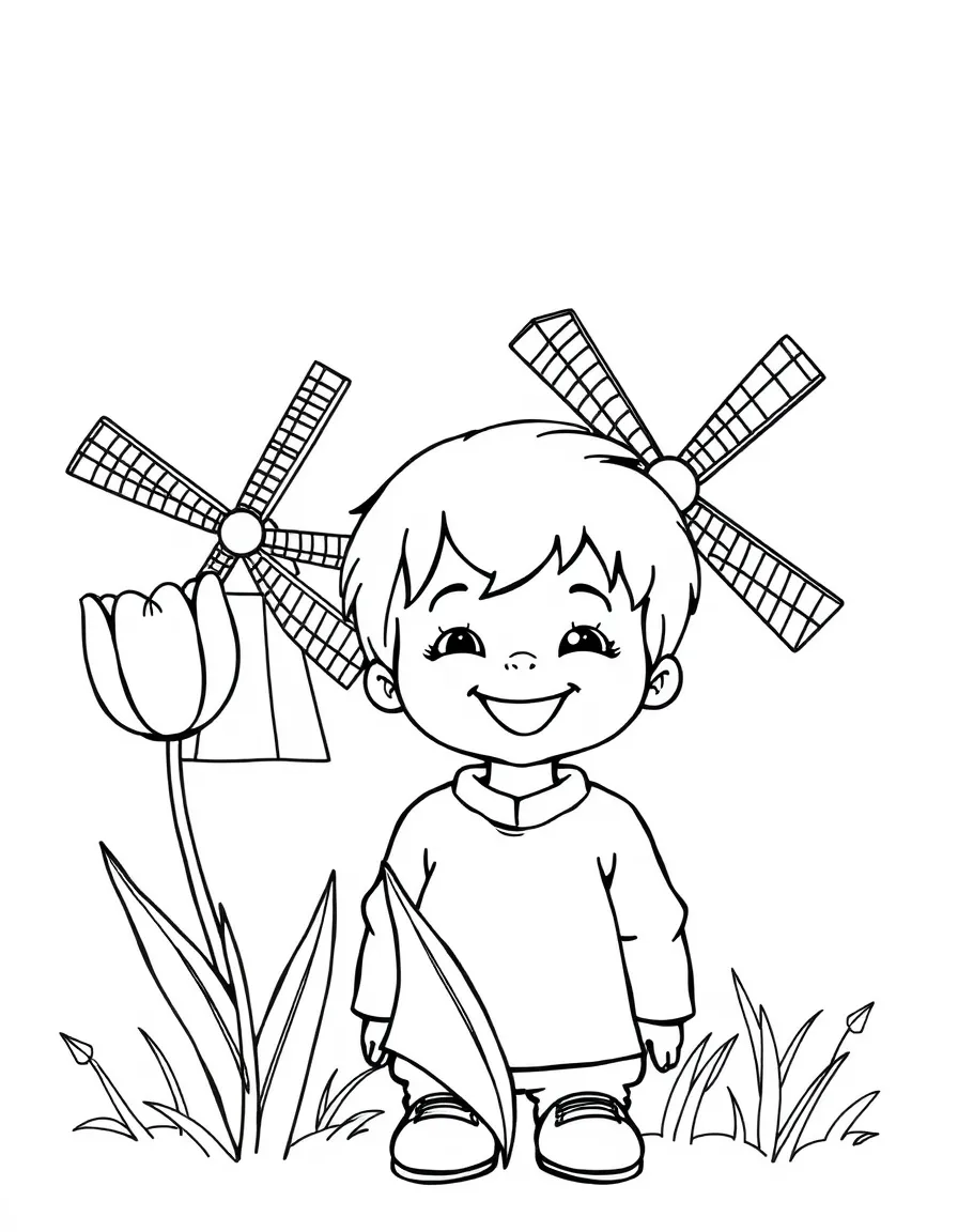 A smiling child with a tulip and a windmill for Netherlands.