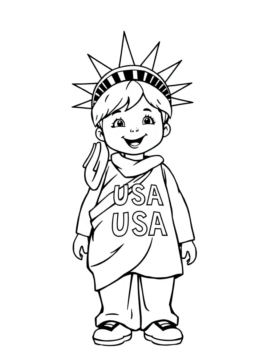 A cheerful child with a Statue of Liberty costume for USA.