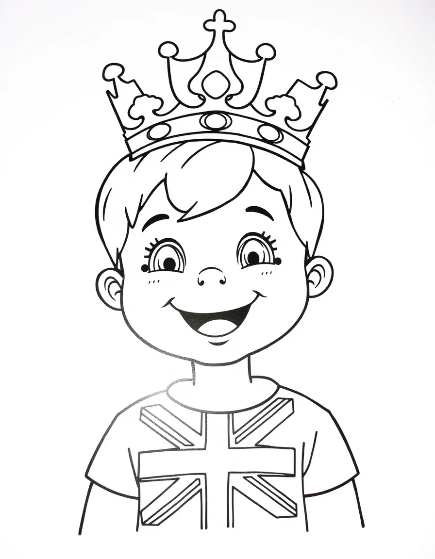 A smiling child with a crown and a British flag for United Kingdom.