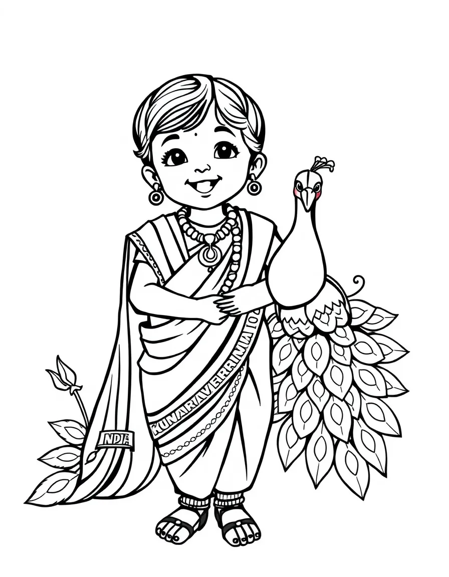 A happy child with a peacock and a sari for India.