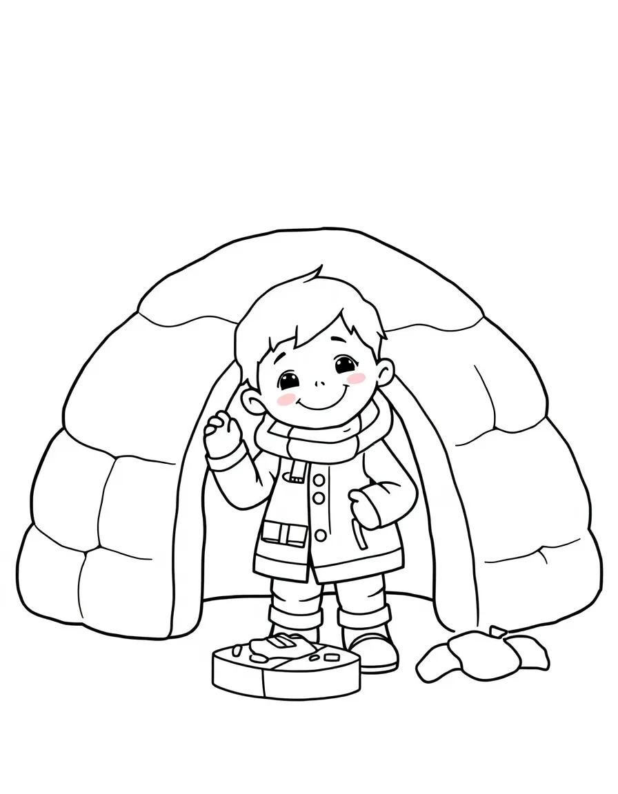 A cheerful child building an igloo for Canada.