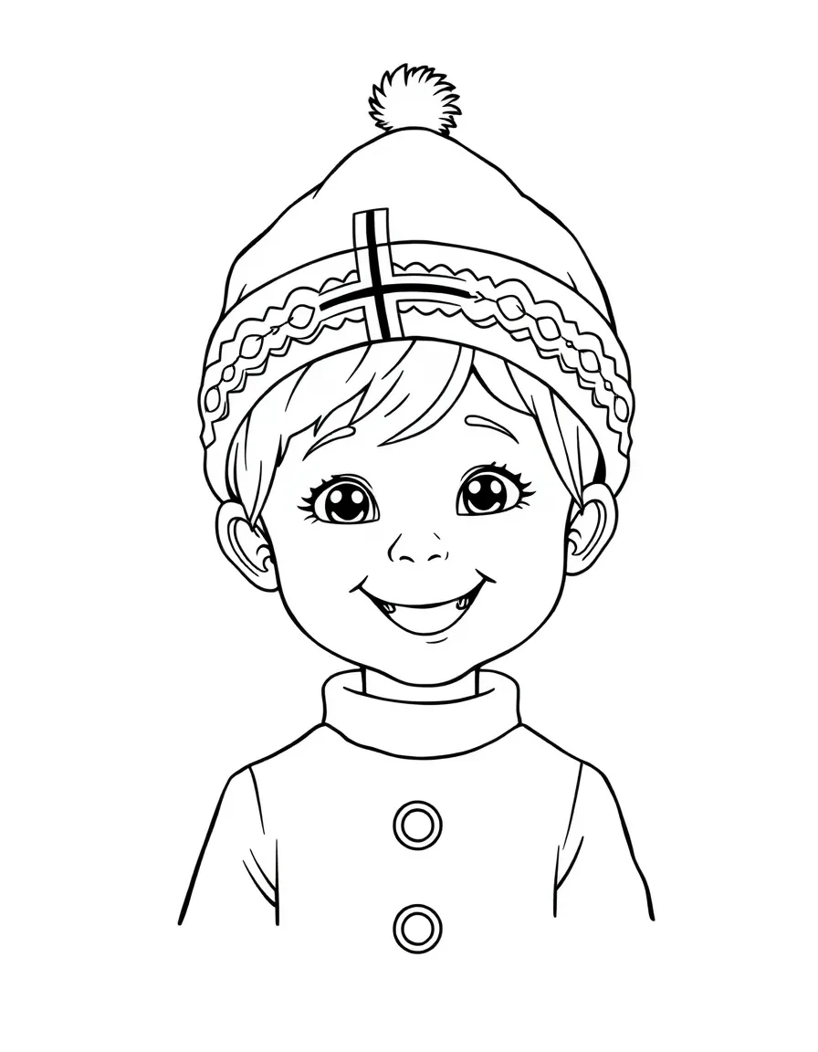 A smiling child with a traditional Norwegian hat for Norway.
