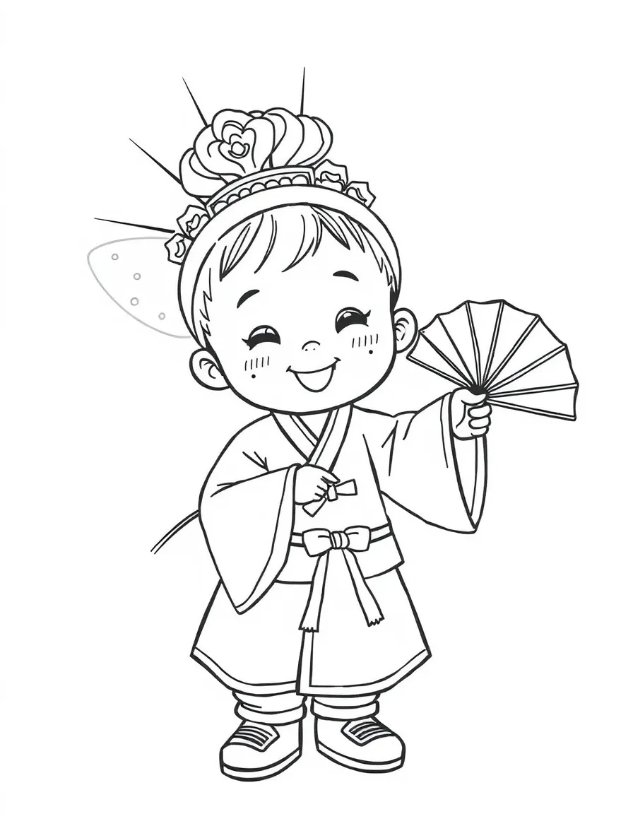 A happy child with a traditional Korean fan dance for South Korea.