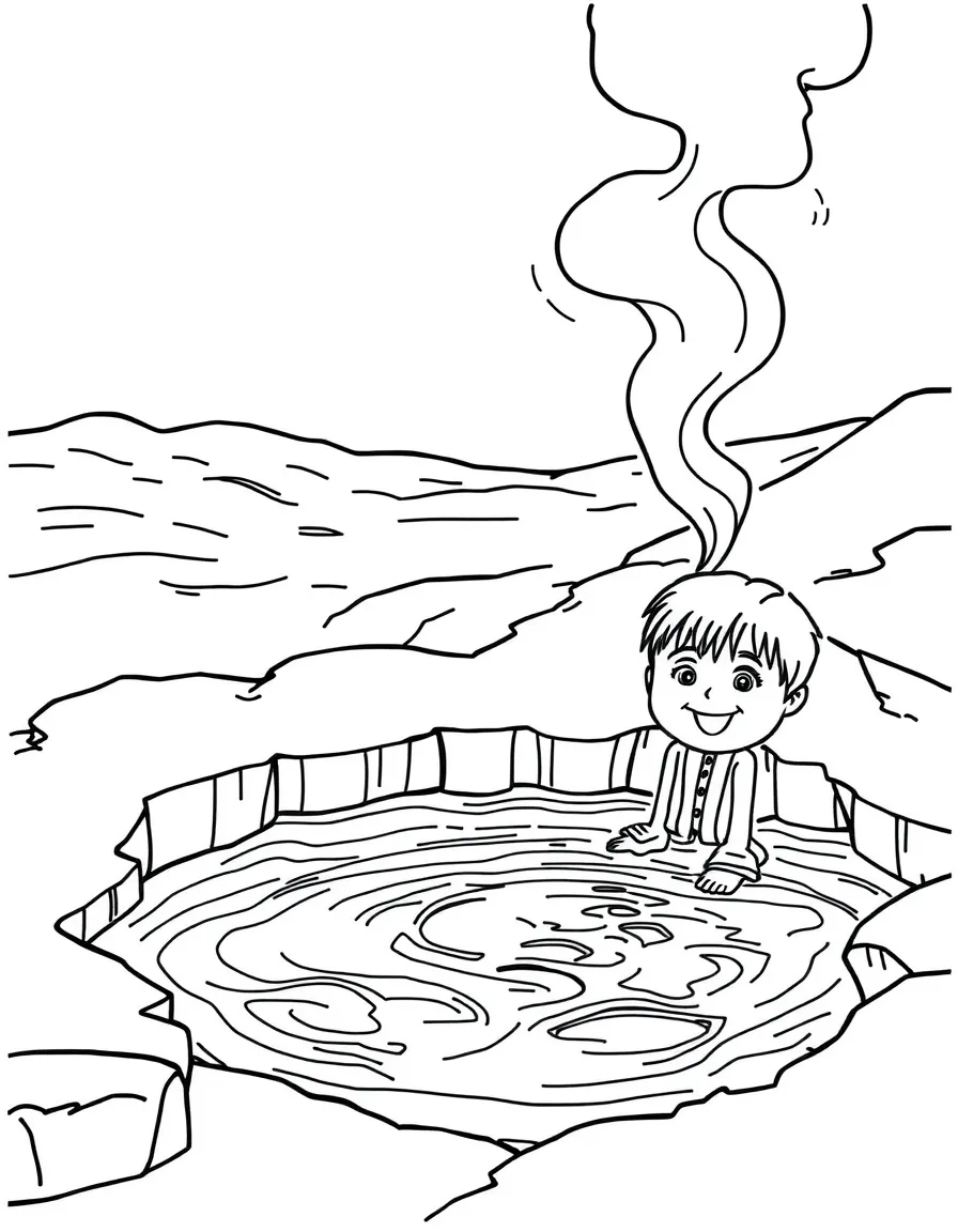 A smiling child near a hot spring with steam for Iceland.