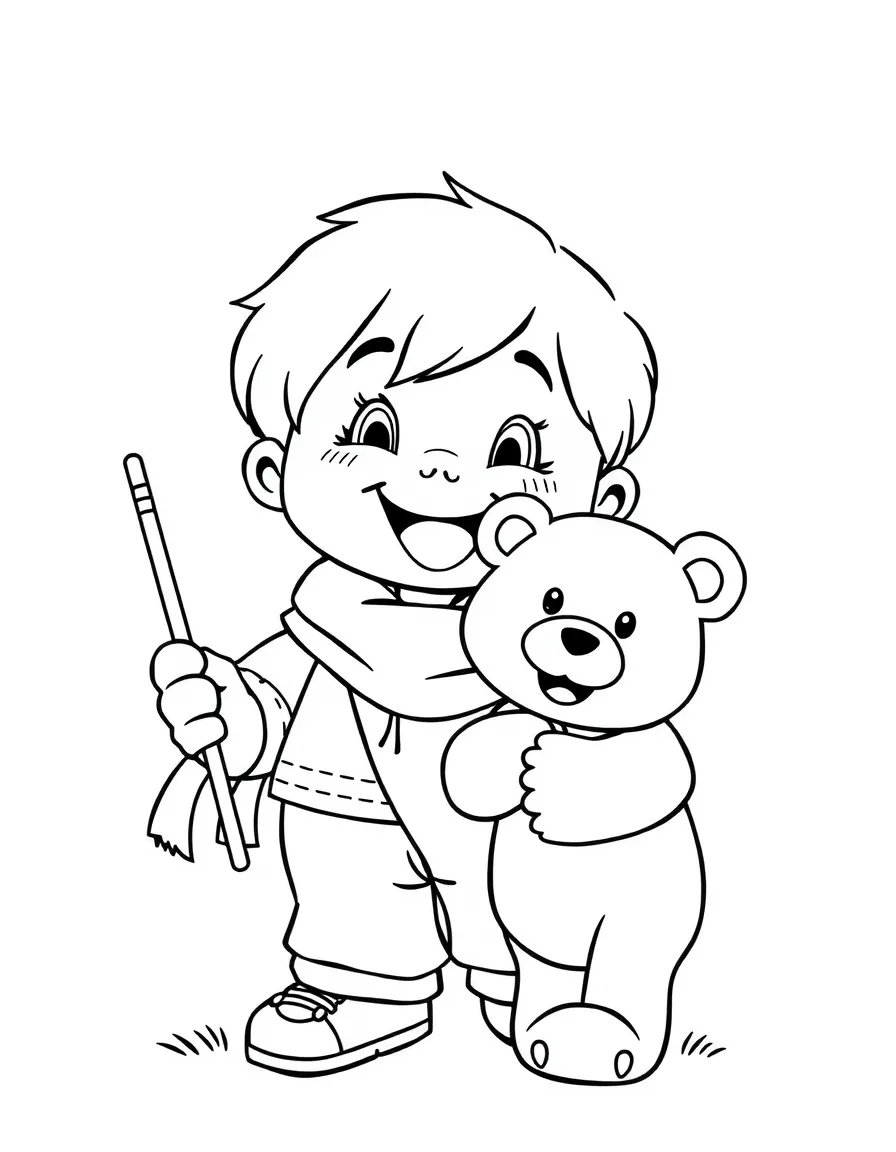 A cheerful child with a bear and a Russian flag for Russia.