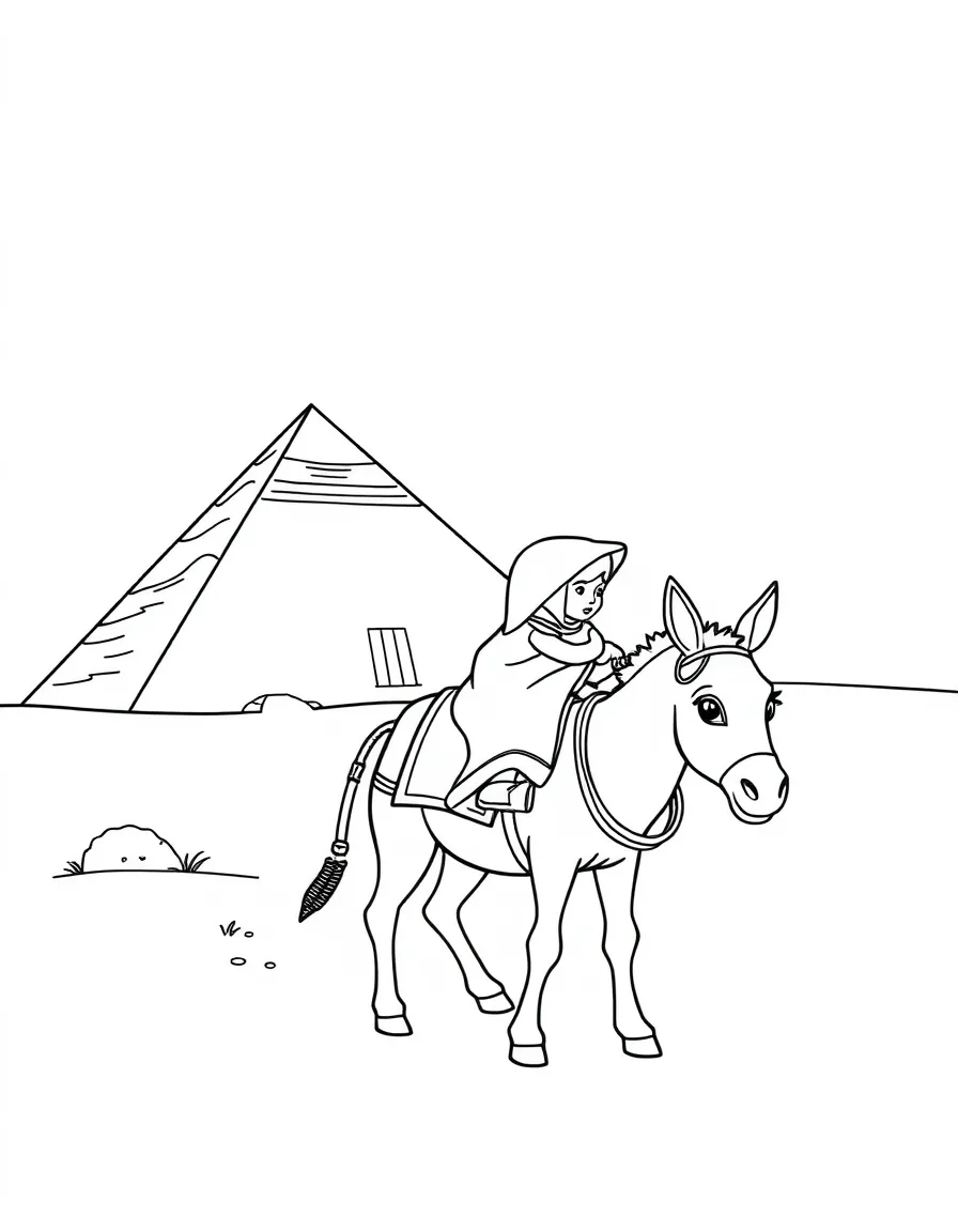 A child riding a donkey near a pyramid for Egypt.