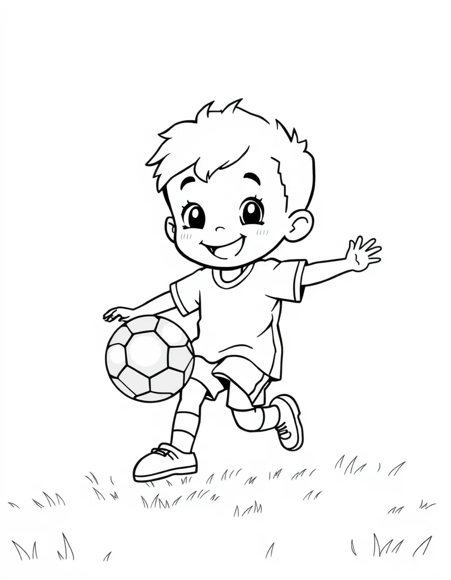 A smiling child playing soccer on a grassy field for Brazil.