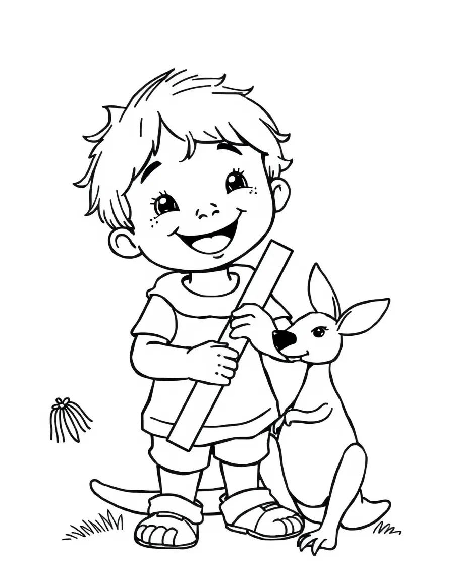A happy child with a didgeridoo and a kangaroo for Australia.