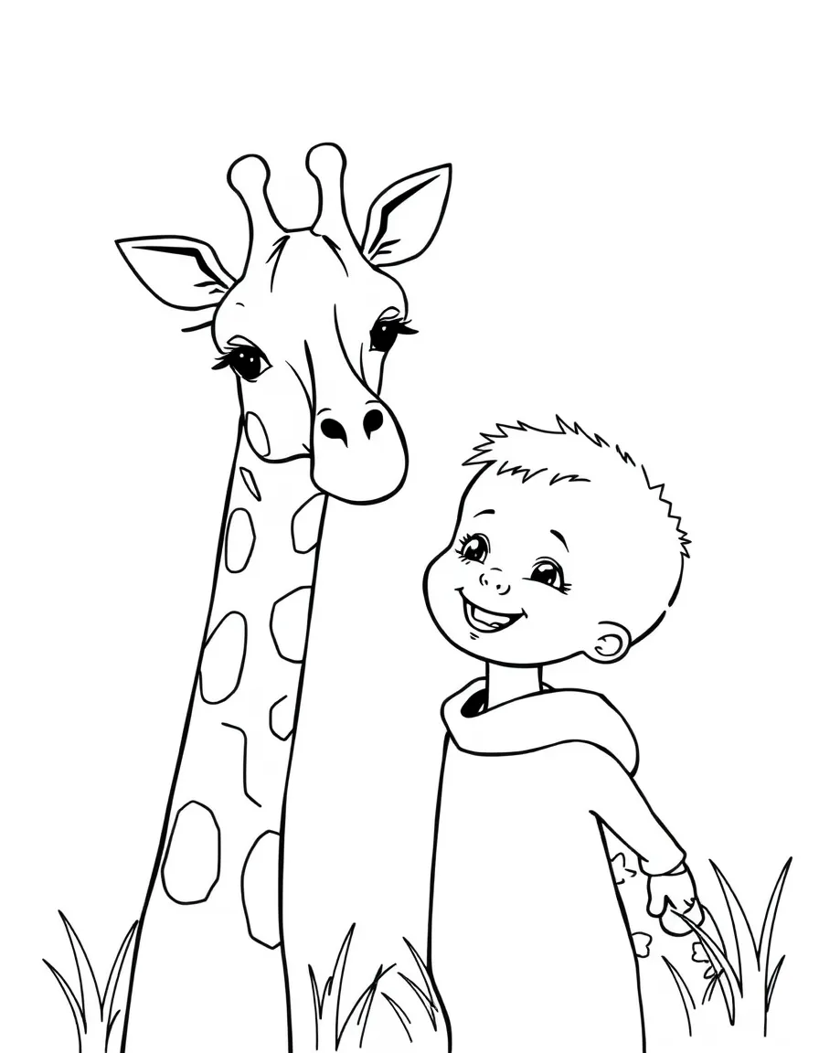 A cheerful child watching a giraffe for Kenya.