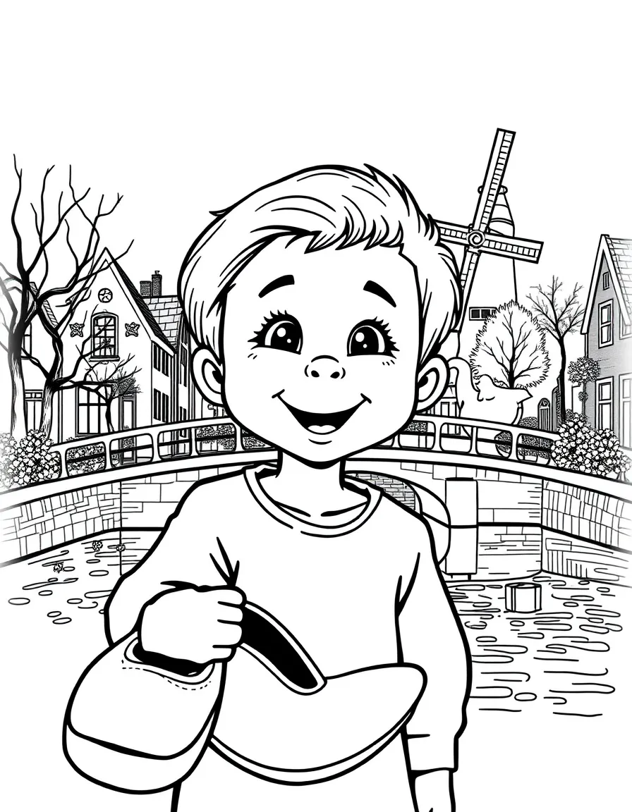 A smiling child with a wooden shoe and a bridge over a canal for Netherlands.