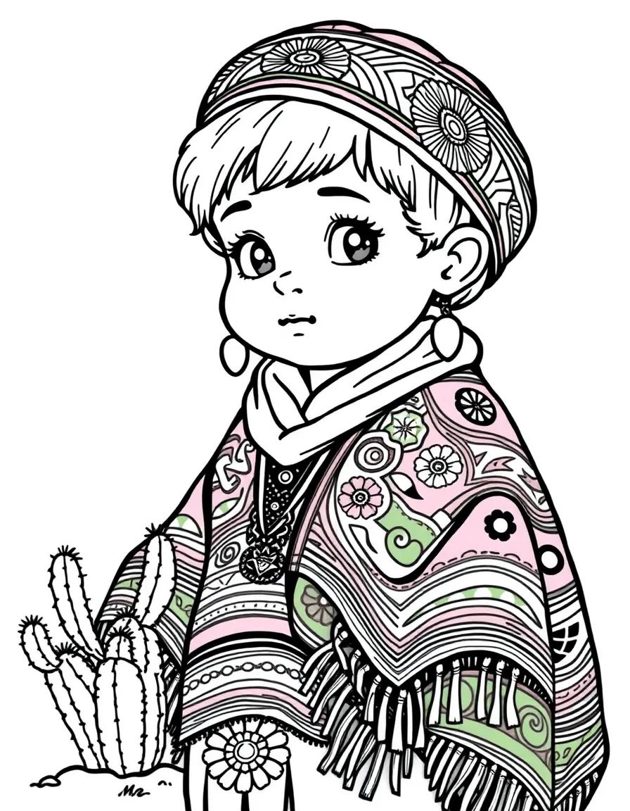 A child with a colorful blanket (serape) and a cactus for Mexico.