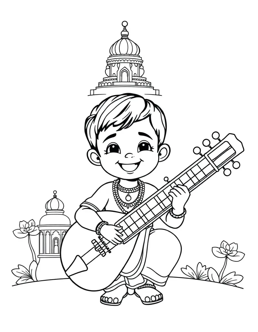 A happy child with a sitar and a temple for India.