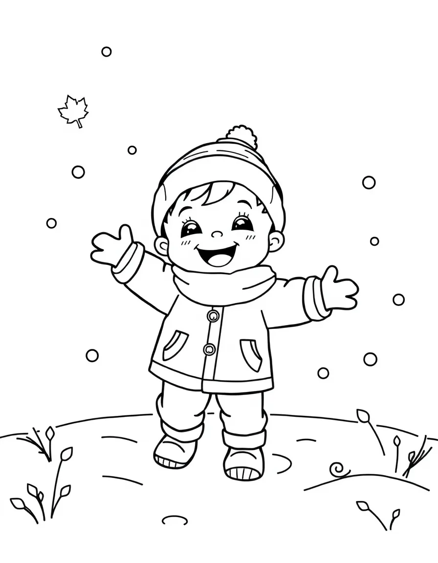 A cheerful child playing in the snow with a maple leaf for Canada.